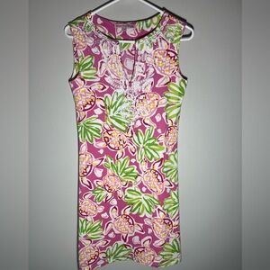Barbara Gerwit Dress Embroidered Sleeveless Pink/Green Size Small Turtles VTG